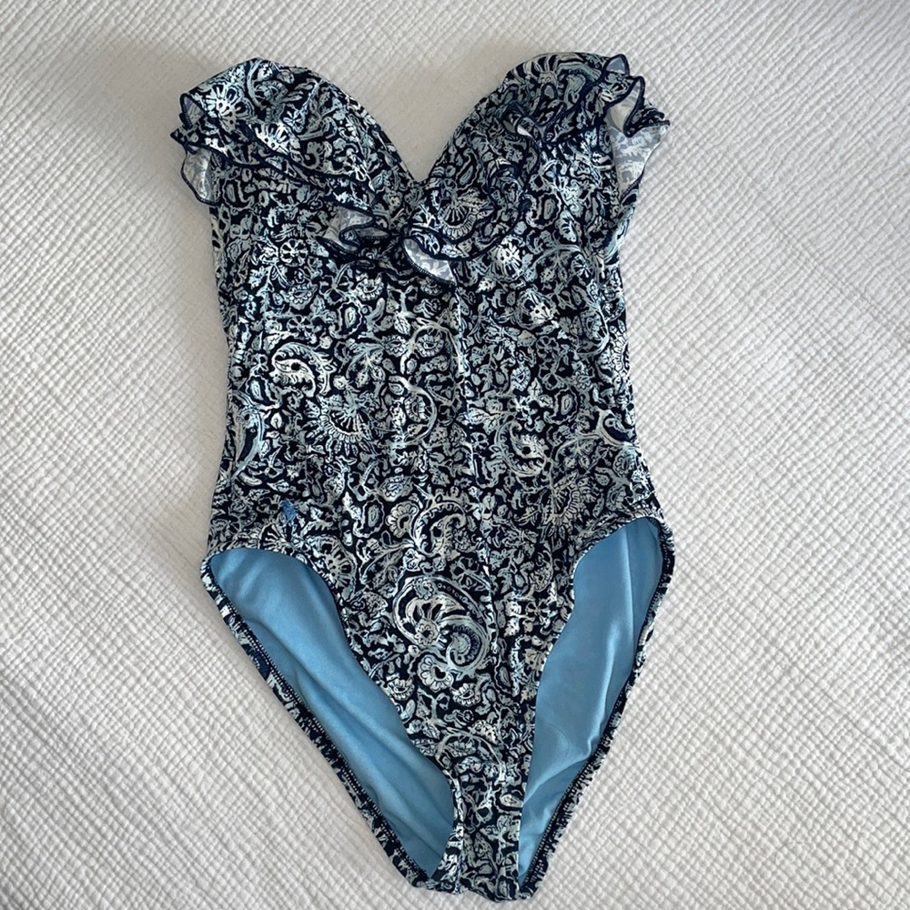 Ralph Lauren Polo one piece with ruffles around breast. Sweetheart shape. Blue